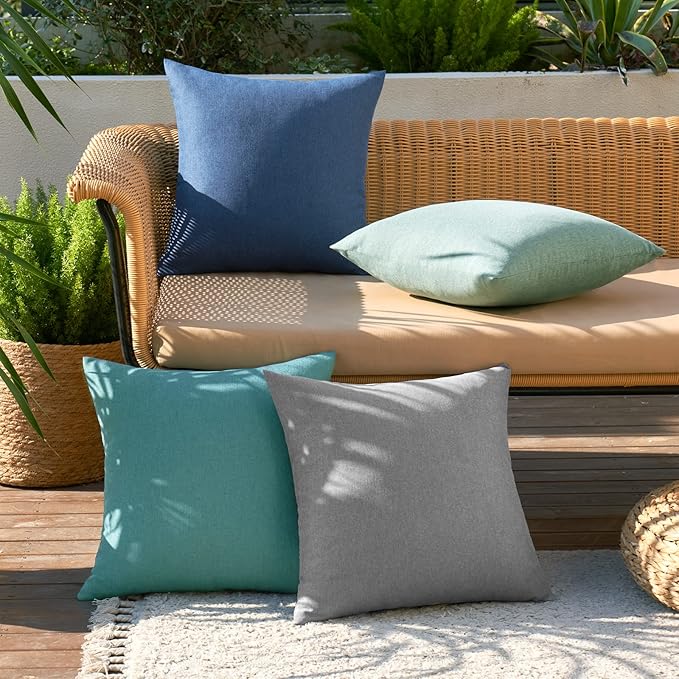 MIULEE Pack of 4 Decorative Outdoor Throw Pillow Covers Linen Waterproof Pillow Covers Farmhouse Cushion Cases for Patio Garden Tent Balcony Couch Sofa 18x18 inch Blue