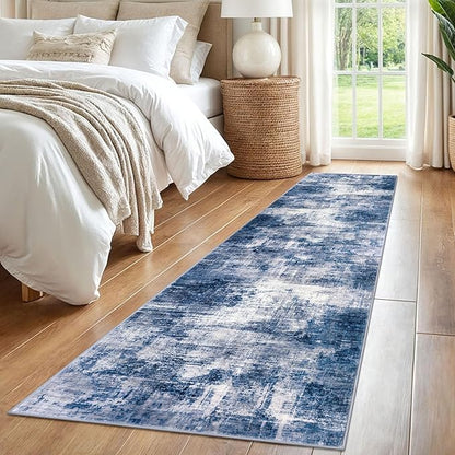 IOHOUZE Abstract Runner Rug 2x8 Ft Washable Runners for Hallways, Non Slip Kitchen Runner Printed Faux Wool Entryway Runner Indoor, Modern Abstract Floor Carpet for Hall Kitchen Bedroom, Navy/Grey