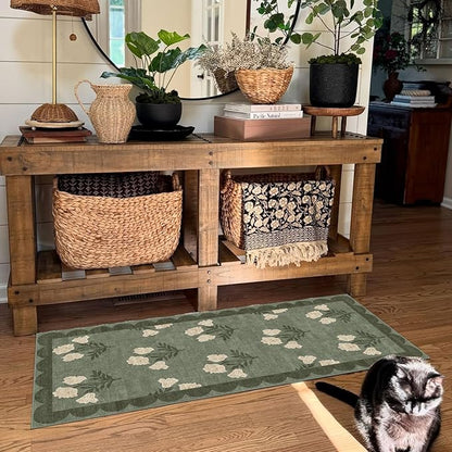 Front Door Mat Indoor Entrance - 2x4.3 Ft Floral Washable Layered Doormat Outdoor Entrance Porch Rug Non-Slip Sage Green Boho Runner Rug for Kitchen Hallway Bedroom Laundry Room Porch Decor