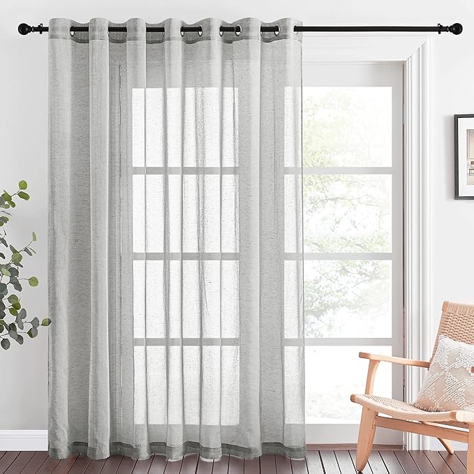 NICETOWN Patio Curtain for Sliding Door W100 x L84, Extra Wide Grommet Linen 100 Inch Curtain Privacy Semitransparent Light Filtering Flax Sheer Window Treatment for Living Room, Grey, 1 Piece