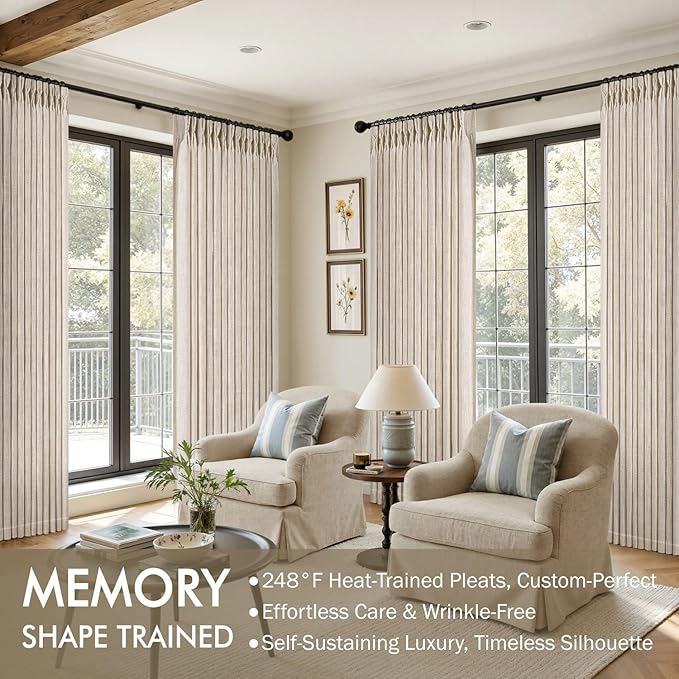 MIULEE Pinch Pleated Thick Linen Curtains 90 Inches Long 2 Panels for Living Room Bedroom, Memory Trained Drapes Pinch Pleat Back Tab Semi Sheer Privacy Neutral Ivory Cream Farmhouse Window Curtains