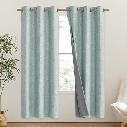 NICETOWN 100% Absolutely Blackout Linen Curtains with Thermal Insulated Liner, Seafoam Green, 42" Wide, 72" Length Energy Saving Curtains for Classroom 2 Panels Set, Vertical Blinds