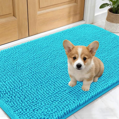 OLANLY Dog Door Mat for Muddy Paws 30x17, Absorbs Moisture and Dirt, Absorbent Non-Slip Washable Doormat, Quick Dry Chenille Mud Mat for Dogs, Entry Indoor Entryway Carpet for Inside Floor, Aqua Blue