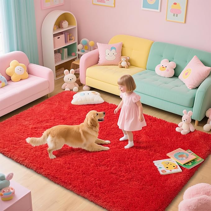 Red Shag Area Rugs for Bedroom Living Room,Ultra Soft Fluffy Christmas Area Rugs 9x12 for Dorm,Indoor Carpet Nursery Rugs for Kids Girls Room Home Decor (Red, 9X12 Feet)