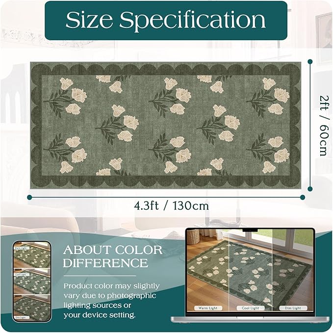 Front Door Mat Indoor Entrance - 2x4.3 Ft Floral Washable Layered Doormat Outdoor Entrance Porch Rug Non-Slip Sage Green Boho Runner Rug for Kitchen Hallway Bedroom Laundry Room Porch Decor