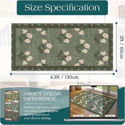 Front Door Mat Indoor Entrance - 2x4.3 Ft Floral Washable Layered Doormat Outdoor Entrance Porch Rug Non-Slip Sage Green Boho Runner Rug for Kitchen Hallway Bedroom Laundry Room Porch Decor