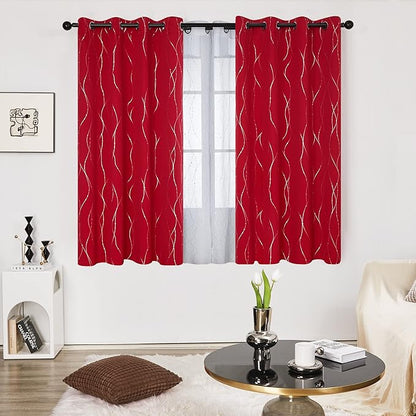 Deconovo Red Curtains, Christmas Drapes, Blackout Thermal Insulated Noise‑Reduced Drape, Wave Line Dot Foil Print, 52 x 63 Inch, 2 Panels, Machine‑Washable Window Curtain for Party Living Room Bedroom