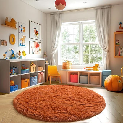 Amdrebio Burnt Orange Round Rugs 6Ft for Living Room Decor, Shaggy Plush Fuzzy Furry Circle Area Rugs for Bedroom Kids Room Aesthetic, Large Fluffy Shag Dark Orange Carpet for Nursery Dorm Classroom