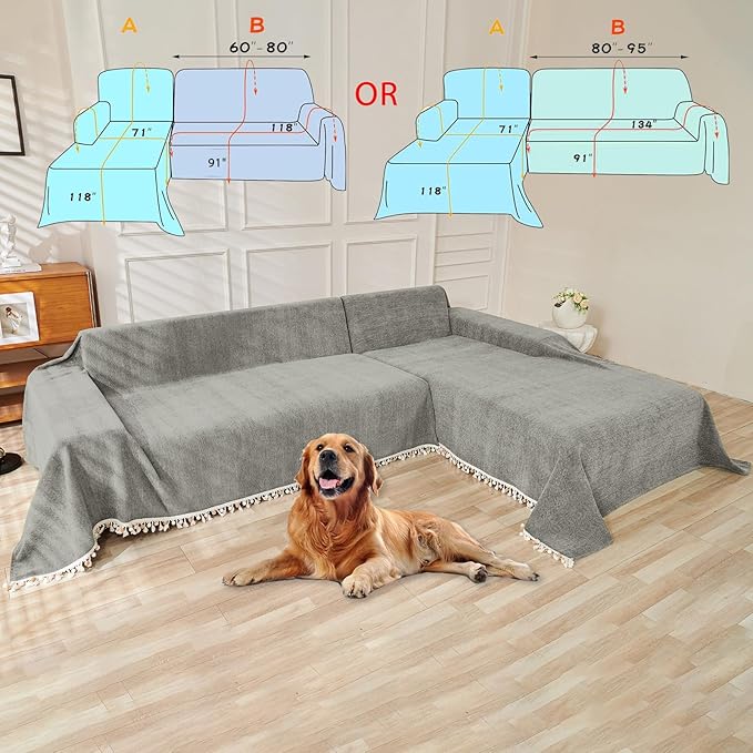 HANDONTIME Couch Slipcovers for Sofas Dark Grey Couch Cover Sofa Cover for Dogs Boho Pet Couch Protector with Tassel Chenille Herringbone Couch Cover for 2 3 Seat Washable Pet Friendly, 91" X134"