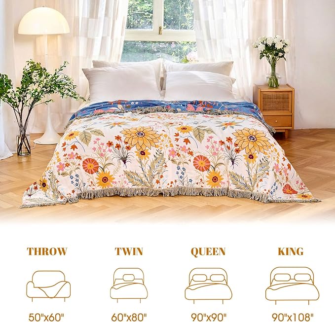 MSGKV Boho Throw Blanket for Couch Chair 100% Cotton Floral Blanket 50"x60" Sofa Blankets Lightweight Farmhouse Muslin Spring Breathable Bed Blankets Home Decor All Seasons