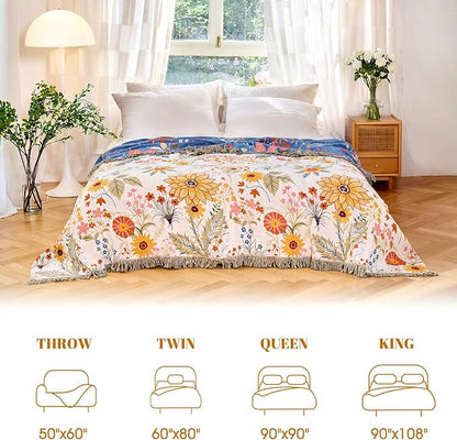 MSGKV Boho Throw Blanket for Bed 60"x80" Cotton Floral Twin Size Blanket Lightweight Farmhouse Muslin Spring Breathable Couch Blankets Home Decor All Seasons