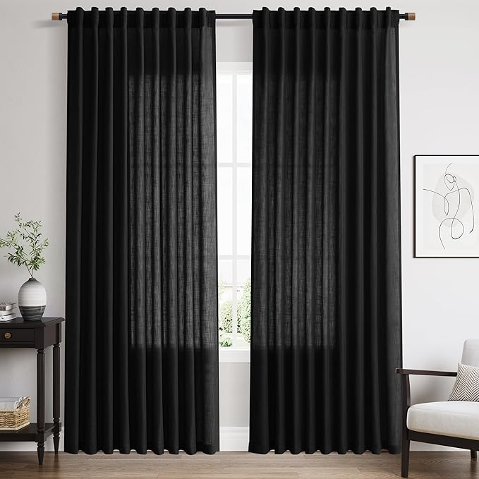 Nanspring Linen Curtains 84 inches Long for Living Room Privacy Sheer Black Simple Modern Curtains Back Tab and Rod Pocket Cotton Textured Curtain for Bedroom Dinner Room 70x84, 2 Panel