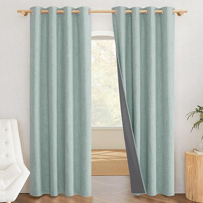 NICETOWN 100% Absolutely Blackout Linen Curtains with Thermal Insulated White Liner, Seafoam Green, 52" Wide, 90" Length Energy Saving Curtains for Living Room 2 Panels Set, Vertical Blinds