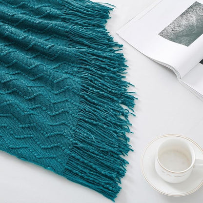 BOURINA Teal Throw Blanket 50x60 Inches Throw Textured Solid Soft Sofa Couch Decorative Knit Blanket