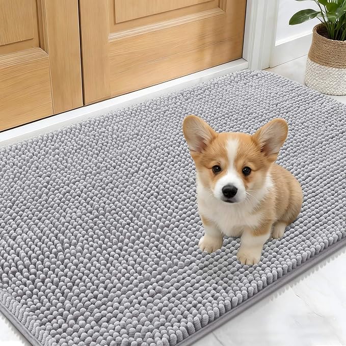 OLANLY Dog Door Mat for Muddy Paws 30x17, Absorbs Moisture and Dirt, Absorbent Non-Slip Washable Doormat, Quick Dry Chenille Mud Mat for Dogs, Entry Indoor Entryway Carpet for Inside Floor, Light Grey