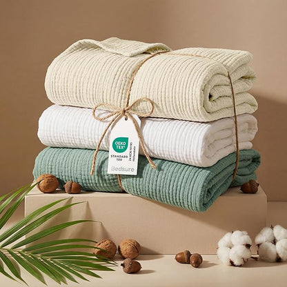 Bedsure 100% Cotton Muslin Throw Blanket Large 50x70 Inches - 4-Layer Breathable and Lightweight Thin Soft Summer Gauze Muslin Blankets for Adults, Sage Green, Boho Cotton Throw for Couch