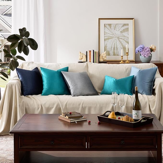 GIGIZAZA Decorative Couch Throw Pillow Covers,Set of 2 Teal Peacock Green Square Pillow Cushion Covers 22x22,Pillow Cases Velvet Pillow Covers
