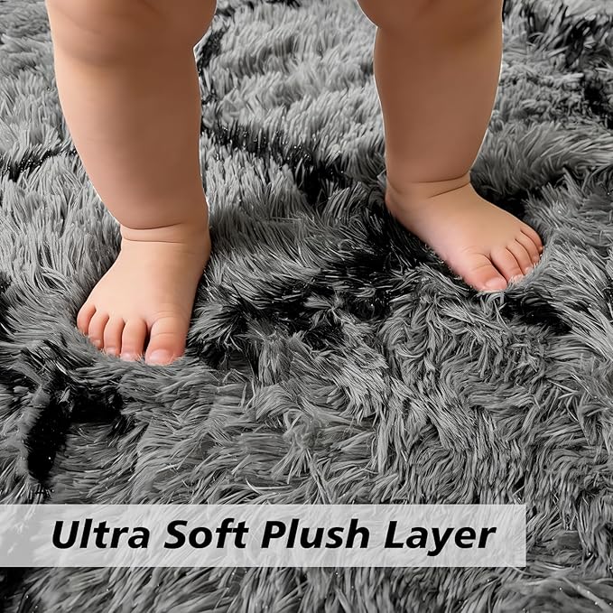Shag Area Rug for Bedroom 5x8,Fluffy Area Rugs for Living Room,Geometric Soft Fuzzy Rug Non-Shedding Indoor Plush Carpet for Kids Bedroom Nursery Dorm Home Christmas,Grey and Black