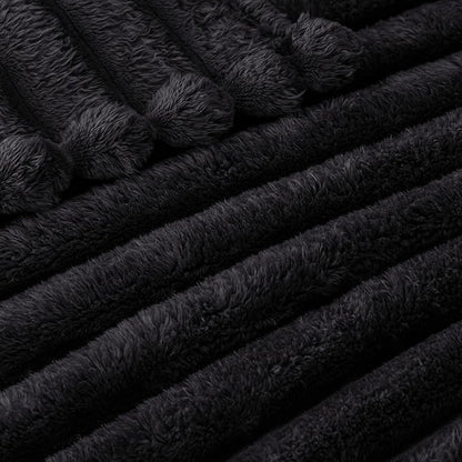 Exclusivo Mezcla Fleece Throw Blanket for Couch, Super Soft Striped Jacquard Bed Blanket, Lightweight Fuzzy Cozy for All Seasons, 50x60 Inches, Black
