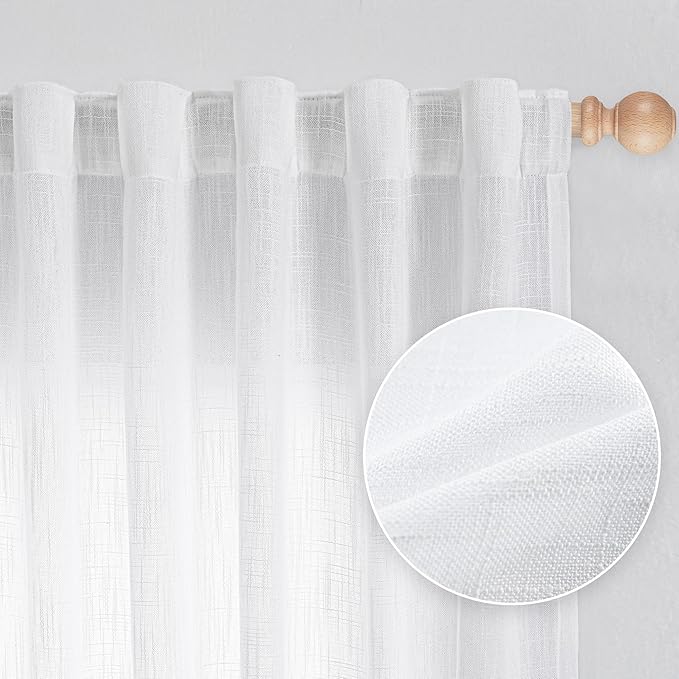 MYSKY HOME Patio White Curtains for Sliding Door, Living Room Curtains & Drapes Soft Cotton Farmhouse Window Treatments 90 inch Length 2 Panels Set Linen Look Semi Sheer Draperies, 50" W x 90" L