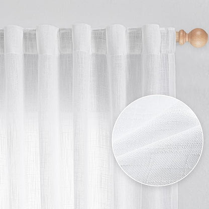 MYSKY HOME Patio White Curtains for Sliding Door, Living Room Curtains & Drapes Soft Cotton Farmhouse Window Treatments 90 inch Length 2 Panels Set Linen Look Semi Sheer Draperies, 50" W x 90" L
