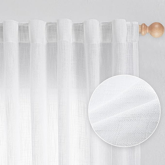 MYSKY HOME French Door Curtains for Closet Doorways, Window White Cotton Sheer Drapes Light Filtering Cute Curtain Panels Elegant Look for Classroom/Guestroom, 50" x 72", White, 2 PCs