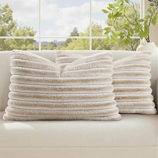 decorUhome Summer Cozy Faux Fur Throw Pillow Covers 12x20 Set of 2 Decorative Soft Plush Striped Lumbar Modern Farmhouse Boho Couch Pillow Cases with Velvet Back for Sofa Bed Living Room, Beige White
