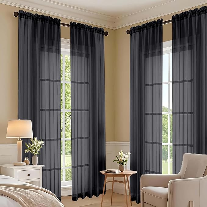 OVZME Black Sheer Curtains 108 Inches Long 2 Panels Set, 59 Inch Extra Wide Lightweight Airy Black Sheer Curtain for Living Room Bedroom, Filmy Voile Rod Pocket, 59Wx108L Inches