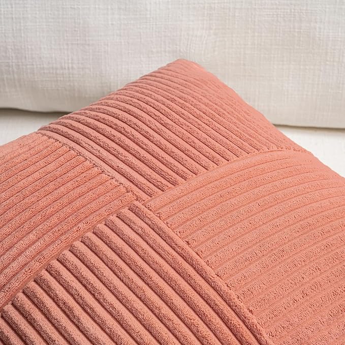 Fancy Homi 2 Packs Coral Lumbar Decorative Throw Pillow Covers 16x26 Inch for Couch Bed Sofa, Rustic Farmhouse Boho Home Decor, Soft Striped Corduroy Rectangle Accent Cushion Case 65x40 cm