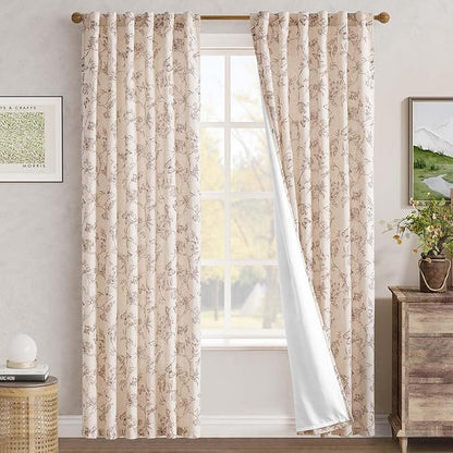 jinchan Floral Curtains Lined Linen Blend Curtain for Living Room 84 Inch Length Taupe Farmhouse Flower Patterned Curtain French Country Curtains Drapes Back Tab Rod Pocket 2 Panels