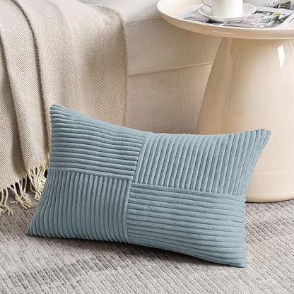 Fancy Homi Set of 2 Light Blue Long Lumbar Decorative Throw Pillow Covers 16x24 Inch for Couch Bed Sofa, Rustic Farmhouse Boho Home Decor, Soft Striped Corduroy Rectangle Accent Cushion Case 40x60 cm
