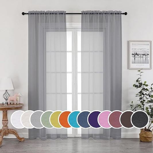 OWENIE Grey Sheer Curtains, Sheer Curtains 84 inches Long 2 Panels Set, Rod Pocket Voile Fimly Gray Drapes for Living Room/Bedroom, 2pcs, Each 42" W x 84" L