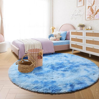 Amdrebio Tie-Dyed Light Blue Round Circle Rug 4Ft for Girls Bedroom, Soft Fluffy Cute Area Rugs for Kids, Boys Room Decor, Stitch Plush Shaggy Fuzzy Carpet for Baby Nursery Classroom Dorm Playroom