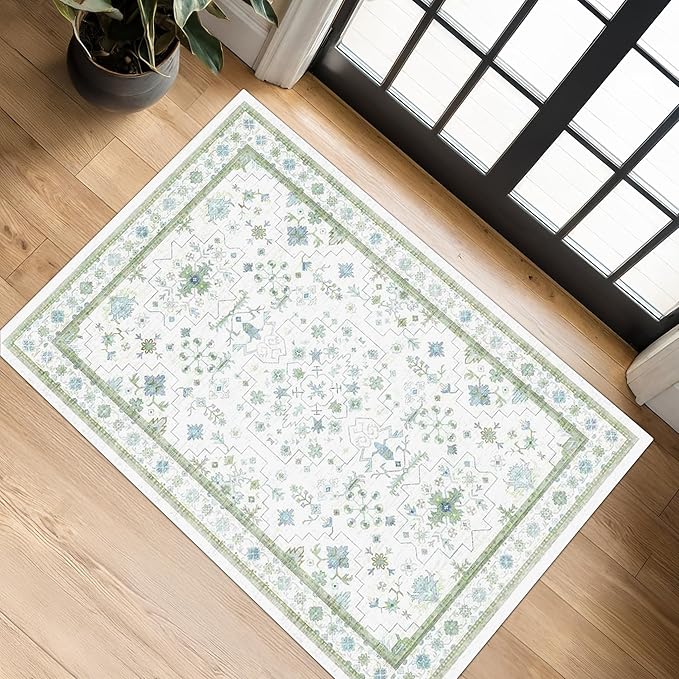 Cream Green and Blue 2x4 Boho Bathroom Rug - Oushak Floral Pastel, Washable Low Pile Non Slip with Rubber Backing Stain Resistant Entryway Rugs Indoor, Small Carpet for Kitchen, Bedroom, Laundry Room