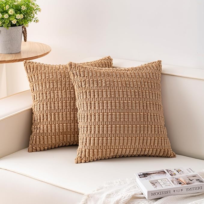 Pack of 2 Corduroy Decorative Throw Pillow Covers 24x24 InchSoft Striped Pillow Covers Modern Farmhouse Home Decor for Sofa Living Room Couch Bed（Coffee）