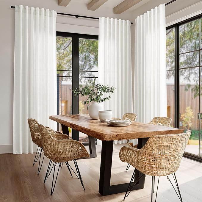 Nanspring Beige White Curtains Linen for Living Room 90 Inches Long Back Tab and Rod Pocket Semi Sheer Privacy Curtains Coastal Room Decor Curtain for Bedroom Dinner Room 70x90, 2 Panel