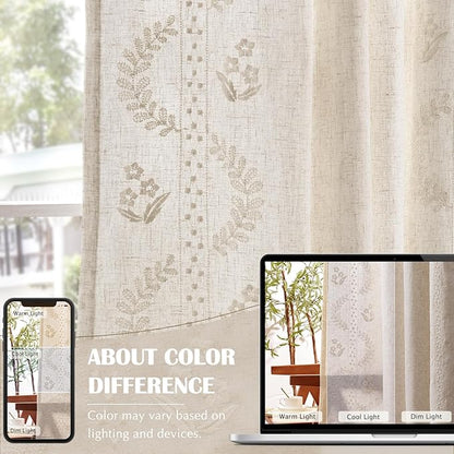 jinchan Belrose Lined Linen Blend Curtains Boho Floral Curtains for Bedroom 63 Inch Length Ivory Embroidered Drapes Rod Pocket Farmhouse Flower Drapes for Living Room Window Treatments Set 2 Panels