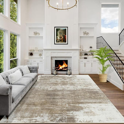 9x12 Area Rugs Washable Rug: Modern Abstract Living Room Rug Soft Anti-Skid Thin Carpet Indoor Floor Non-Shedding Carpets for Bedroom Dining Room Farmhouse Nursery Home Office Brown White