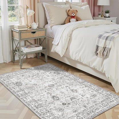 Floral Machine Washable Rug Grey White, 3x5 Rug Non Slip Soft Bedroom Rugs for Entryway Dorm, Ultra-Thin Rugs for Bedroom Stain Resistan(3 x 5, Grey White)