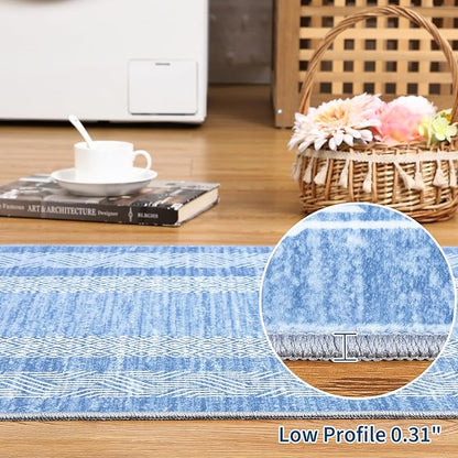 GarveeHome Small Bedroom Area Rug 3x5 Bordered Area Rug for Living Room Nursery Non Slip Kitchen Throw Carpet Low Pile Modern Rugs Washable Bathroom Mat Soft Rugs for Laundry, Light Blue