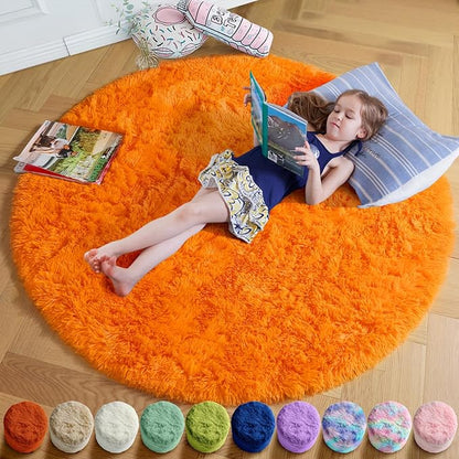 Amdrebio Orange Round Circle Rug 5Ft for Bedroom Living Room, Fluffy Fuzzy Shaggy Area Rugs for Kids Room Decor Aesthetic, Cute Furry Plush Shag Carpet for Baby Nursery Dorm Playroom, Teen Girls Boys
