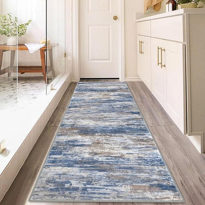 KOZYFLY 3x8 Ft Rug Modern Ombre Runner Rug for Hallway, Washable Kitchen Rugs Non-Slip Soft Striped Entryway Rug, Print Blue Rust Abstract Carpet for Laundry Nursery