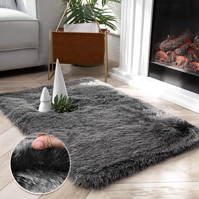 Ashler HOME DECO Soft Fox Faux Fur Chair Couch Cover Area Rug for Bedroom Floor Sofa Living Room Black White Rectangle 2 x 3 Feet