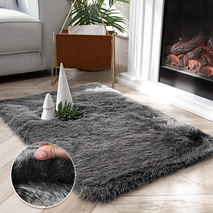 Ashler HOME DECO Soft Fox Faux Fur Chair Couch Cover Area Rug for Bedroom Floor Sofa Living Room Black White Rectangle 2 x 3 Feet