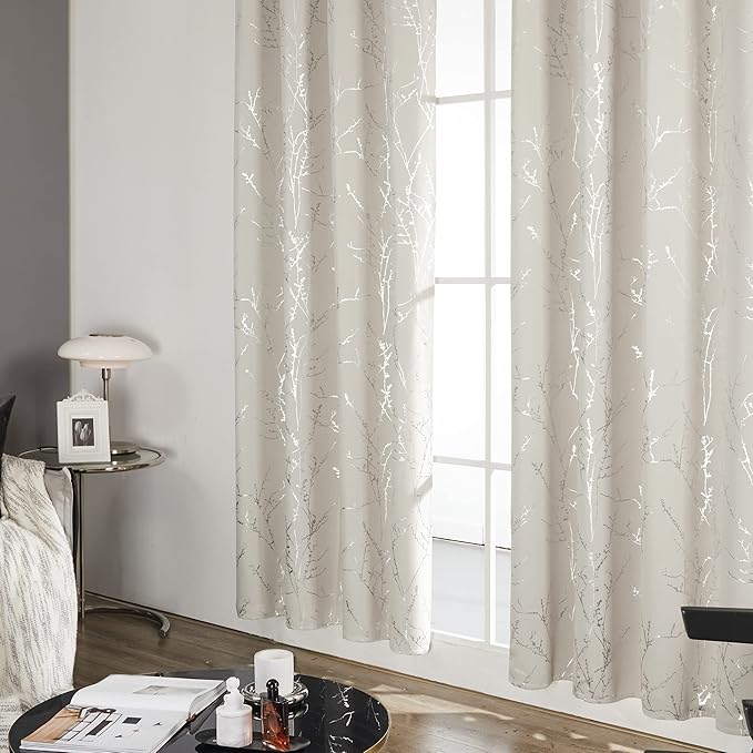 Deconovo Living Room Curtains, Room Darkening Curtain, Thermal Insulated Soundproof Drapes, Silver Branch Print, 52 x 72 Inch Long, Machine Washable Window Panels for Bedroom Office Nursery, Set of 2