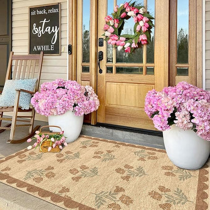3x5 Floral Entry Rug - Small Washable Indoor Outdoor Mats for Front Door Non-Slip Jute-Look Porch Rug Boho Tan Scalloped Throw Rugs for Living Room Bedroom Entryway Kitchen Office Porch Decor