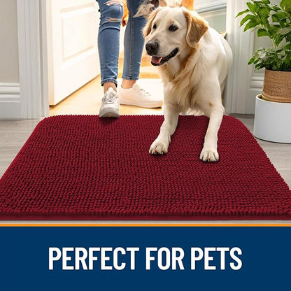 OLANLY Dog Door Mat for Muddy Paws 50x30, Absorbs Moisture and Dirt, Absorbent Non-Slip Washable Doormat, Quick Dry Chenille Mud Mat for Dogs, Entry Indoor Entryway Carpet for Inside Floor, Red