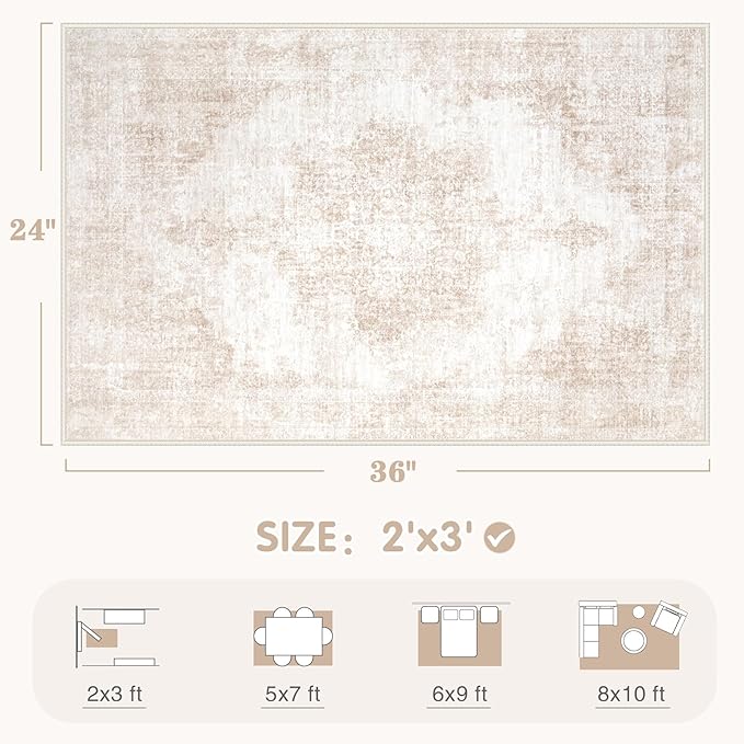 Area Rugs 8x10 Vintage Rug: Large Washable Living Room Rug Retro Medallion Distressed Rugs Soft Low Pile Non-Slip Indoor Floor Carpet for Bedroom Kitchen Nursery Dining Table Office (Beige/Brown)