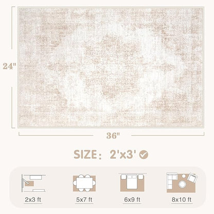 Area Rugs 8x10 Vintage Rug: Large Washable Living Room Rug Retro Medallion Distressed Rugs Soft Low Pile Non-Slip Indoor Floor Carpet for Bedroom Kitchen Nursery Dining Table Office (Beige/Brown)