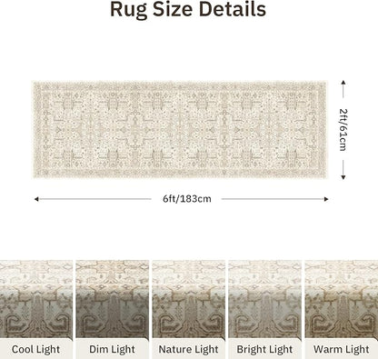 2x6 Hallway Washable Runner Rug - Soft Non Slip Vintage Rugs for Entryway Low-Pile Farmhouse Neutral Kitchen Runners Living Room Floor Mat Stain Resistant Distressed Carpet for Bedroom Bathroom Beige